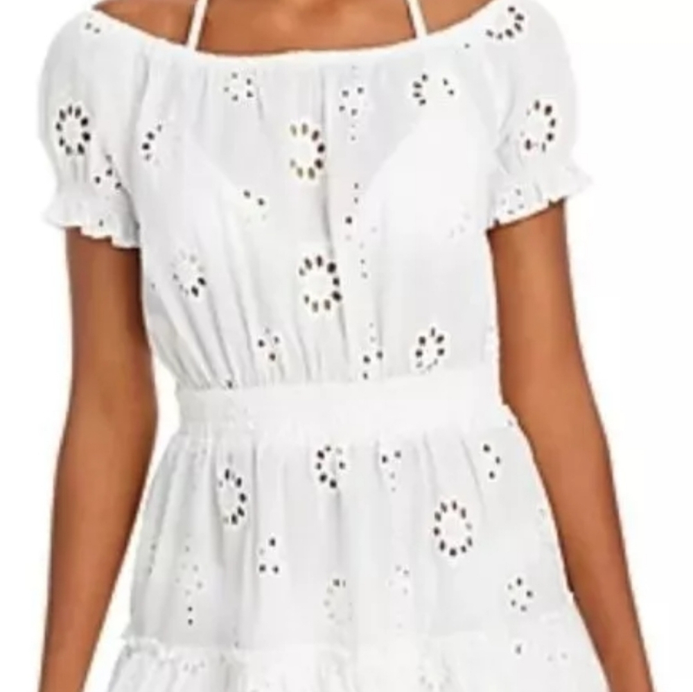 NWT Aqua Swim White Eyelet Cotton Cover Up Ruffle Beach Dress Size Medium